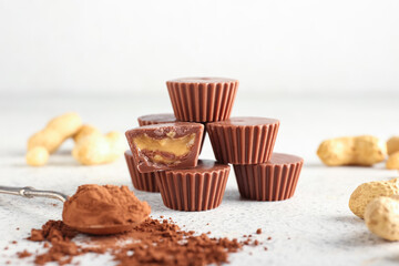 Tasty peanut butter cups on light background
