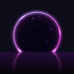Neon arch gate, purple glowing portal to galaxy pace. Light glow effect, round neon door opening with starry night sky. Magic fantasy or techno futuristic portal. vector illustration - obrazy, fototapety, plakaty