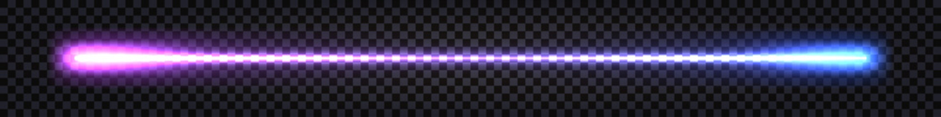 Neon laser beam, glowing streak with light thunder bolt effect. Purple and blue ray line with electric flash explosion.Techno futuristic impulse line isolated. Vector illustration