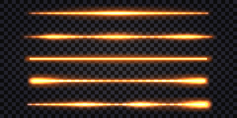 Golden neon laser beam, glowing light effect with thunder bolt flash. Yellow gold electric ray lines. Techno design, luminous border element isolated, electric impulse.Vector illustration