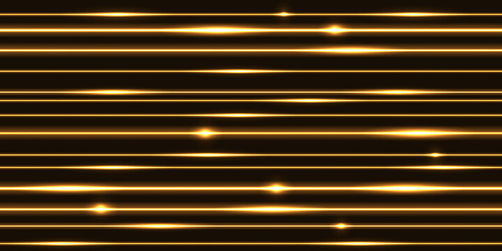 Golden laser beams, abstract glowing light streaks with thunder bolt discharge. electric impulse energy lines, yellow luminous rays. vector illustration