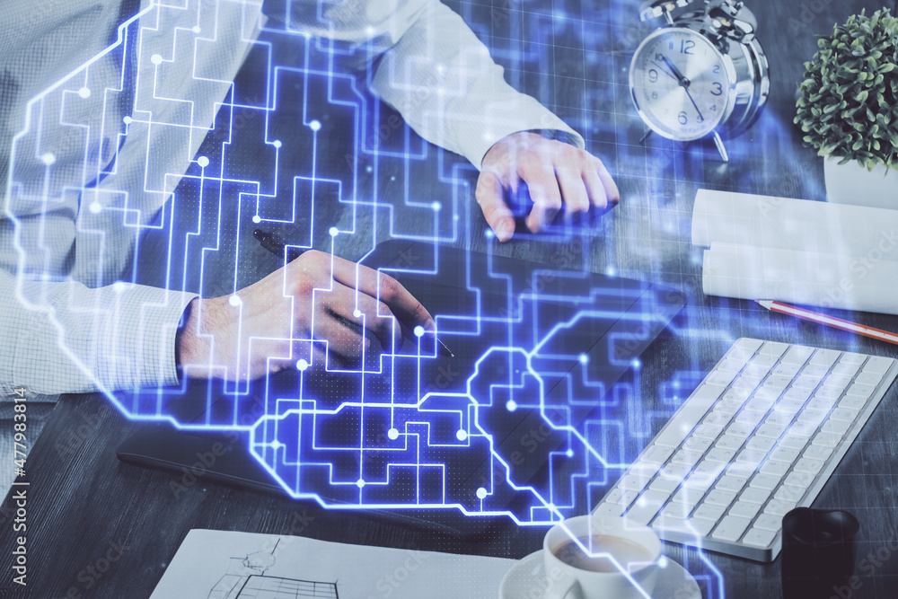 Poster double exposure of man's hand holding and using a digital device and brain hologram drawing. data co