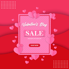 Valentine's Day sale banner design with up to 50% discount. suitable for social media and websites. Abstract paper cut background and love shape ornament.