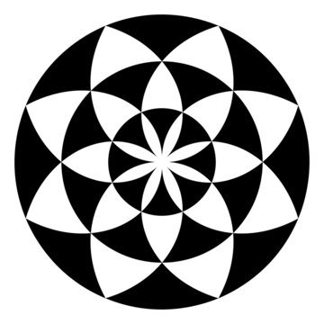 Flower symbol, derived from triangle shaped pattern. Symbol of a blossom with eight petals, created with arches. Also a white eight-pointed star in a black field. Black and white illustration. Vector.