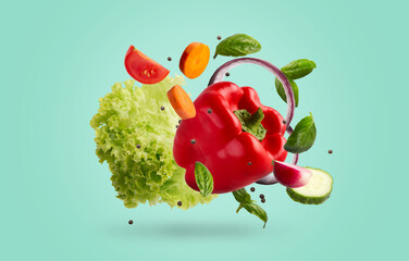 Various ripe vegetables levitating in the air