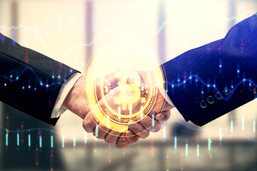 Double exposure of blockchain hologram and handshake of two men. Crypto business concept.