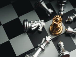 The golden queen chess piece standing with falling silver knight, rook, bishop, pawn pieces on chessboard on dark background, top view. Leadership, winner, competition, and business strategy concept. - obrazy, fototapety, plakaty