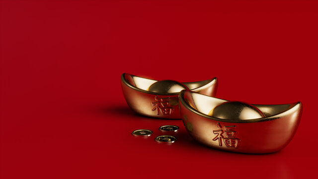 Pair of Golden Chinese Yuanbao with lucky coins. Chinese New Year Concept with Copy Space.