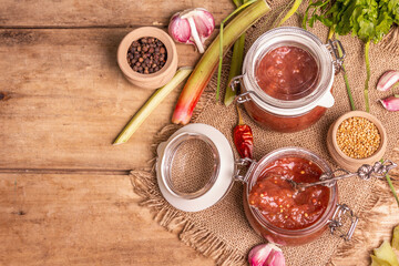 Chutney from rhubarb. Set of ingredients and spices for cooking