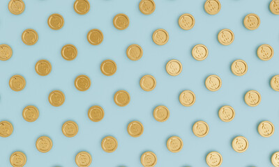 Flat lay or top view of Golden dollar coins pattern on blue background , USD   is the main currency...