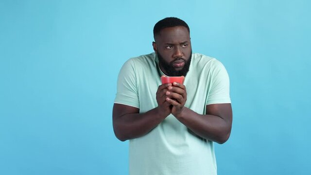 Frustrated guy feel bad cold drink espresso isolated blue color background