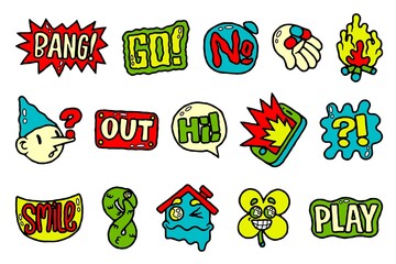 Psychedelic cartoon stickers. Abstract retro collage of funny pop art badges with smiley faces. Vector modern sticker set