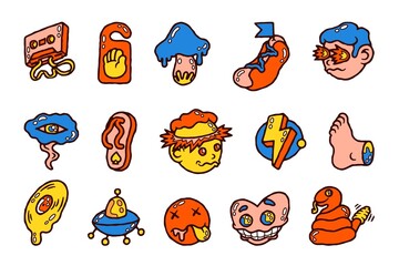 Cartoon comic sticker. Abstract psychedelic retro badges with pop art faces and funny characters. Vector stickers set