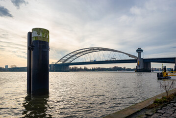 View of the Brienenoord bridge in Rotterdam, an important connection between the north and south of...