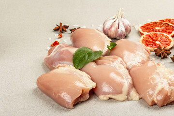 Raw pieces of chicken and turkey meat with spices. A useful ingredient for preparing healthy food