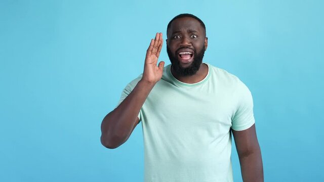 Guy hand mouth yell seek help isolated blue color background