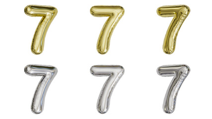 aluminum foil inflated balloon alphabet digit 7 gold and silver different angles