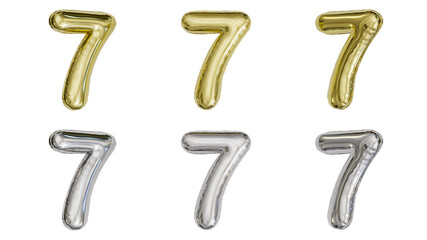 aluminum foil inflated balloon alphabet digit 7 gold and silver different angles