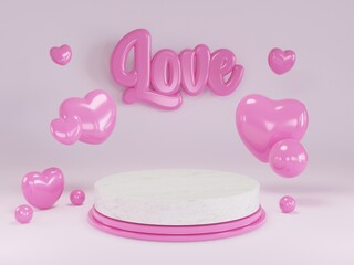 podium background with 3d realistic pink heart gift box bubble speech pastel romantic greeting card design with lovely elements. abstract geometric podium background branding product presentation 3d