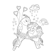 Contour linear illustration for coloring book with two pretty birds. Beautiful cute couple,  anti stress picture. Line art design for adult or kids  in zen-tangle style and coloring page