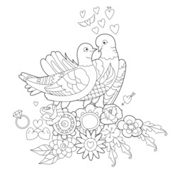 Contour linear illustration for coloring book with two pretty birds. Beautiful cute couple,  anti stress picture. Line art design for adult or kids  in zen-tangle style and coloring page