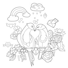 Contour linear illustration for coloring book with two pretty birds. Beautiful cute couple,  anti stress picture. Line art design for adult or kids  in zen-tangle style and coloring page