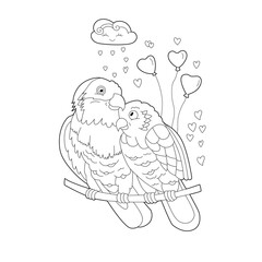 Contour linear illustration for coloring book with two pretty birds. Beautiful cute couple,  anti stress picture. Line art design for adult or kids  in zen-tangle style and coloring page