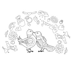 Contour linear illustration for coloring book with two pretty birds. Beautiful cute couple,  anti stress picture. Line art design for adult or kids  in zen-tangle style and coloring page