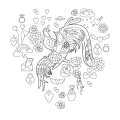 Contour linear illustration for coloring book with two pretty birds. Beautiful cute couple,  anti stress picture. Line art design for adult or kids  in zen-tangle style and coloring page