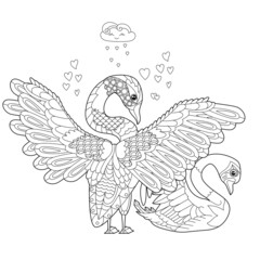 Contour linear illustration for coloring book with two pretty birds. Beautiful cute couple,  anti stress picture. Line art design for adult or kids  in zen-tangle style and coloring page