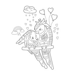 Contour linear illustration for coloring book with two pretty birds. Beautiful cute couple,  anti stress picture. Line art design for adult or kids  in zen-tangle style and coloring page