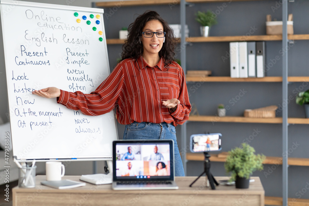 Poster teacher pointing on board, giving virtual lecture to students