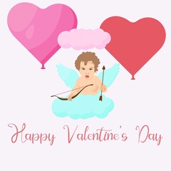 Happy Valentine's day in Russian. Vector illustration on a white background. Cute handsome angel with wings. Lettering and calligraphy. Excellent festive gift card.
