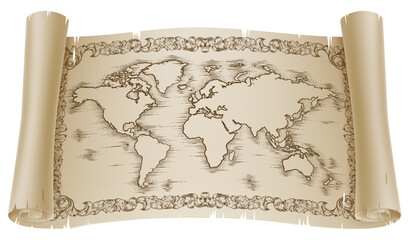 World Map Drawing Old Woodcut Engraved Scroll