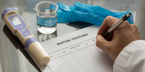Hand writing on a water test sheet. Water quality measuring device on the desk. Becker with water...