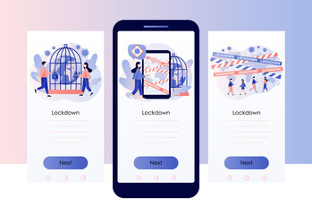 Lockdown in world countries. Warning stripes quarantine with Earth map. Stop COVID-19 Coronavirus. Screen template for mobile, smartphone app. Modern flat cartoon style. Vector illustration 