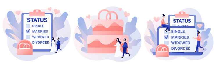 Marital status of couple. Checkbox list with single, married, widowed and divorced options for tiny people. Legal status change. Relationship concept. Modern flat cartoon style. Vector illustration