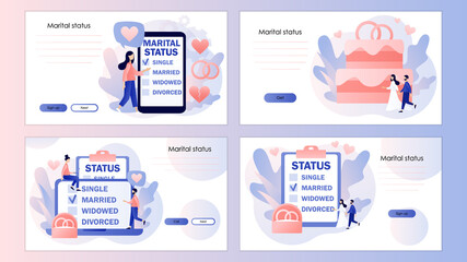 Marital status of couple. Checkbox list with single, married, widowed, divorced options for tiny people. Screen template for landing page, template, ui, web, mobile app, poster, banner, flyer. Vector 