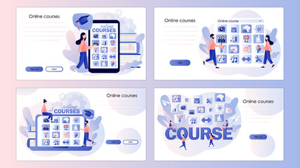 Online courses. Distance education. E-learning concept. Tiny people learn on online service or platform. Screen template for landing page, template, ui, web, mobile app, poster, banner, flyer. Vector 
