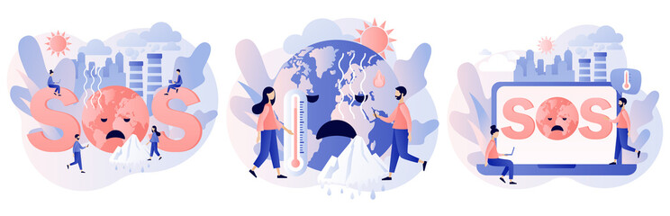 Climate change. Global warming concept. SOS. Tiny people trying save planet Earth. World Environment day. Ecology hazards, air pollution. Modern flat cartoon style. Vector illustration 