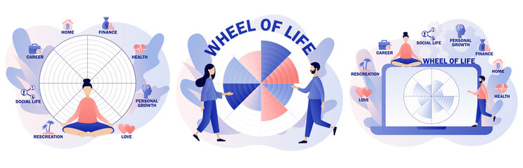 Wheel of life. Life balance concept. Tiny people use coaching tool. Human needs. Life coaching. Modern flat cartoon style. Vector illustration on white background