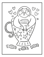 Sleeping sloth coloring page. Animal coloring page in cartoon style on white background. Sketch drawing. Comic illustration. Zoo collection. Kids drawing style.