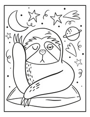 Sleeping sloth coloring page illustration. Funny sleeping animal. © aliaross