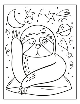 Sleeping sloth coloring page illustration. Funny sleeping animal.