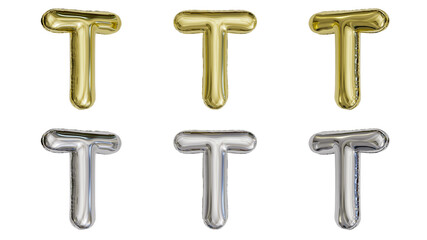aluminum foil inflated balloon alphabet letter T gold and silver different angles