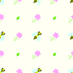 Seamless Pattern Abstract Elements Different Bee Insect Flower Plant Botanic Vector Design Style Background Illustration Texture For Prints Textiles, Clothing, Gift Wrap, Wallpaper, Pastel