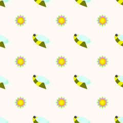 Seamless Pattern Abstract Elements Different Bee Insect Flower Plant Botanic Vector Design Style Background Illustration Texture For Prints Textiles, Clothing, Gift Wrap, Wallpaper, Pastel