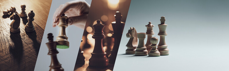 Chess game and player moving a piece, image collage