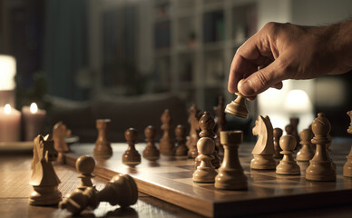 Man playing chess alone at home