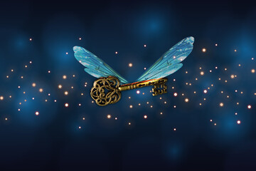 magical flying key meaning with dragonfly wings - obrazy, fototapety, plakaty